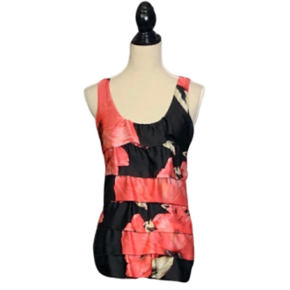 White House Black Market Pink Black Ruffled Tank